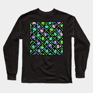 Window Pane Diagonal Floral Green Line on Black Long Sleeve T-Shirt